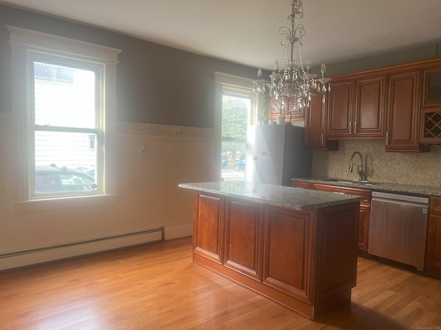 155 Summerfield Ave, Bridgeport, CT 06610 - kitchen with stainless steel dishwasher, baseboard heating, a chandelier, a kitchen island, and light stone countertops