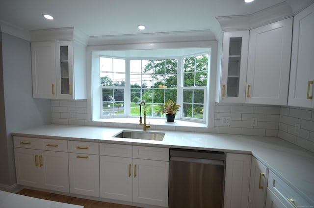 401 Unity Rd, Trumbull, CT 06611 - kitchen featuring dishwasher, white cabinetry, plenty of natural light, recessed lighting, and ornamental molding