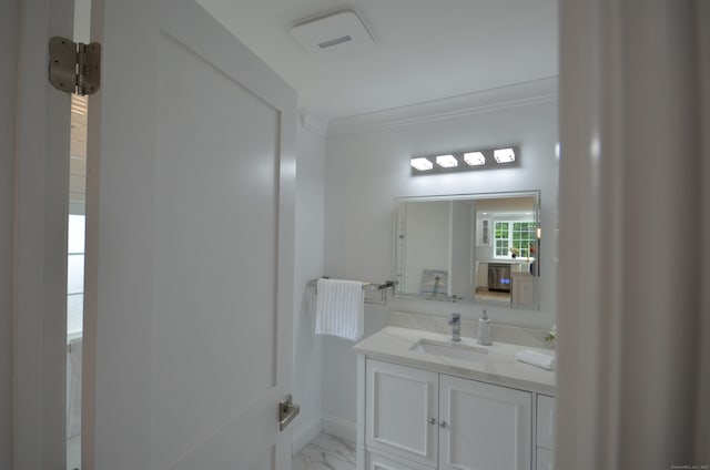 401 Unity Rd, Trumbull, CT 06611 - bathroom with vanity, crown molding, and marble look tiles