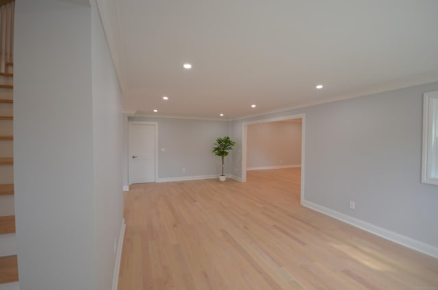 401 Unity Rd, Trumbull, CT 06611 - unfurnished room with ornamental molding, stairway, recessed lighting, and light wood-type flooring