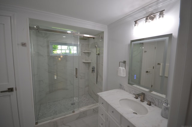 401 Unity Rd, Trumbull, CT 06611 - bathroom featuring a marble finish shower, vanity, ornamental molding, and marble finish floors
