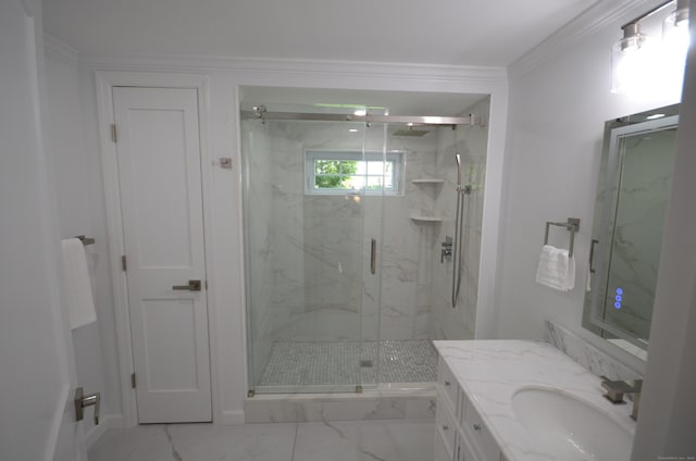 401 Unity Rd, Trumbull, CT 06611 - bathroom featuring marble finish flooring, a marble finish shower, vanity, and crown molding