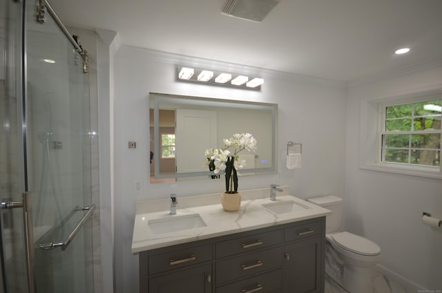 401 Unity Rd, Trumbull, CT 06611 - full bathroom with ornamental molding, double vanity, a stall shower, and recessed lighting