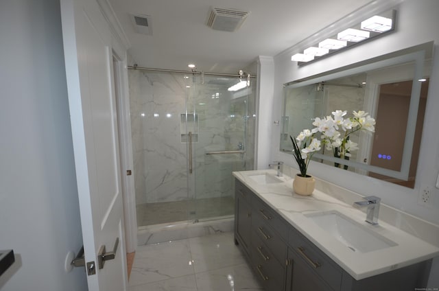 401 Unity Rd, Trumbull, CT 06611 - bathroom featuring marble look tile flooring, double vanity, a marble finish shower, and ornamental molding