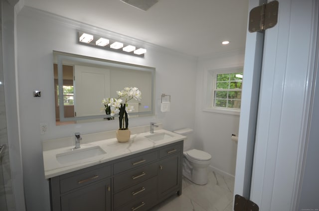 401 Unity Rd, Trumbull, CT 06611 - bathroom with crown molding, marble look tiles, double vanity, and recessed lighting