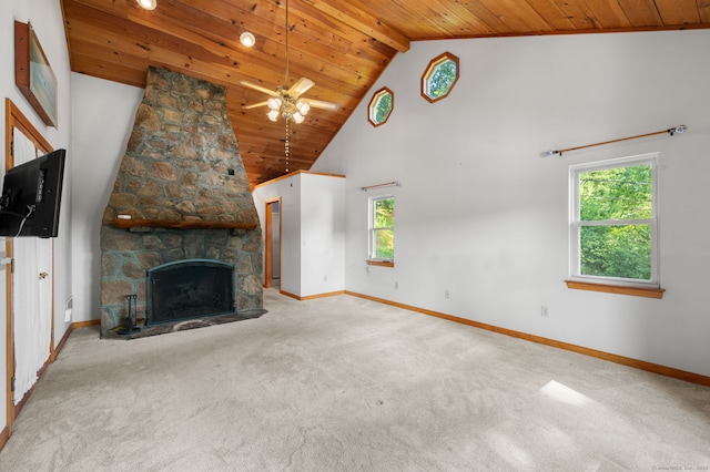 16 Lake St, Burlington, CT 06013 - unfurnished living room with wood ceiling, plenty of natural light, carpet flooring, high vaulted ceiling, and a ceiling fan