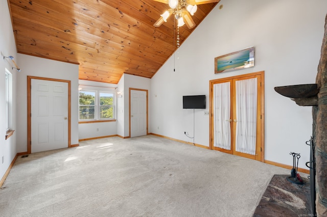 16 Lake St, Burlington, CT 06013 - unfurnished living room featuring carpet floors, a ceiling fan, high vaulted ceiling, and wooden ceiling
