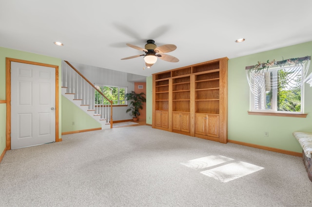 16 Lake St, Burlington, CT 06013 - unfurnished living room featuring ceiling fan, carpet flooring, stairs, and recessed lighting