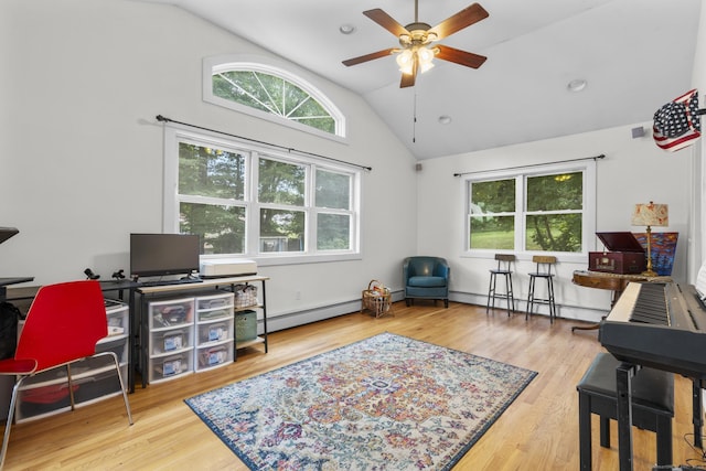 124 Pulaski Hwy, Ansonia, CT 06401 - office featuring a baseboard radiator, lofted ceiling, a ceiling fan, a baseboard heating unit, and wood finished floors