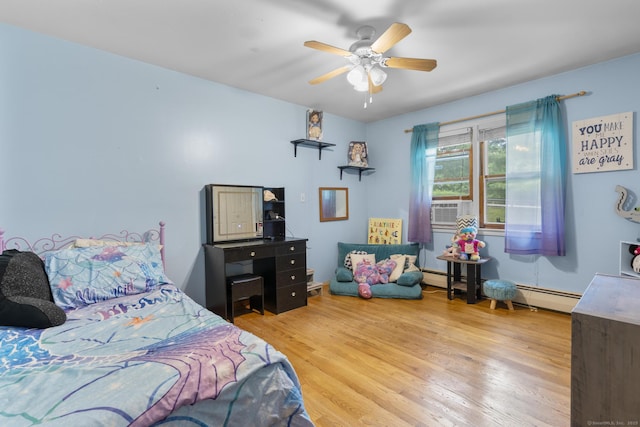 124 Pulaski Hwy, Ansonia, CT 06401 - bedroom with wood finished floors, cooling unit, a ceiling fan, and baseboard heating