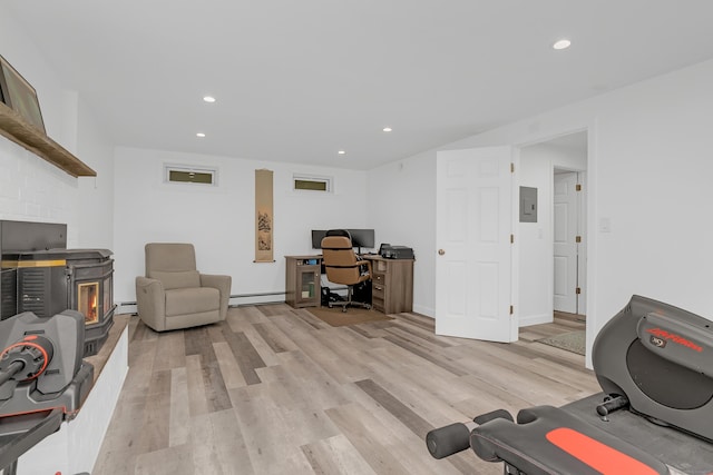 37 Cedar Ln, Beacon Falls, CT 06403 - exercise area with light wood-type flooring, a baseboard radiator, recessed lighting, electric panel, and a baseboard heating unit