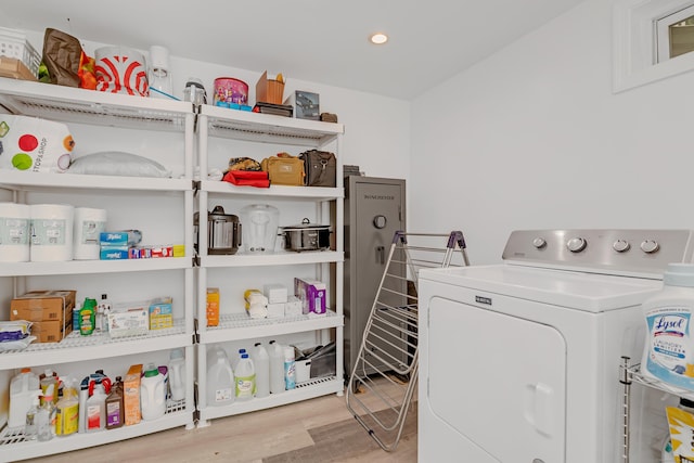 37 Cedar Ln, Beacon Falls, CT 06403 - laundry room with washing machine and dryer, wood finished floors, and recessed lighting
