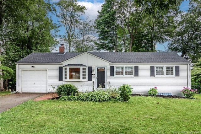 234 Forest Dr, Wethersfield, CT 06109 - ranch-style house featuring an attached garage, a chimney, a front lawn, concrete driveway, and a shingled roof
