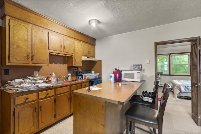 190 Main St, Plainfield, CT 06354 - kitchen with electric stove, white microwave, under cabinet range hood, a peninsula, and a breakfast bar area