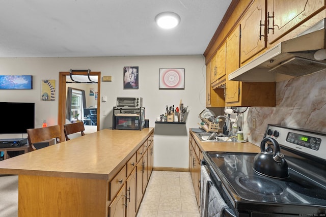 190 Main St, Plainfield, CT 06354 - kitchen with stainless steel electric range, a peninsula, under cabinet range hood, and brown cabinets