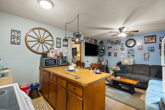 190 Main St, Plainfield, CT 06354 - kitchen with stainless steel microwave, ceiling fan, open floor plan, light colored carpet, and a textured ceiling