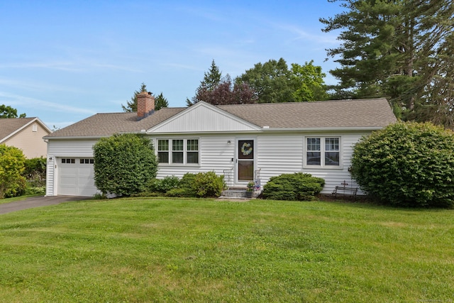 25 Delmar Dr, Bristol, CT 06010 - ranch-style home with a chimney, an attached garage, asphalt driveway, a front lawn, and a shingled roof