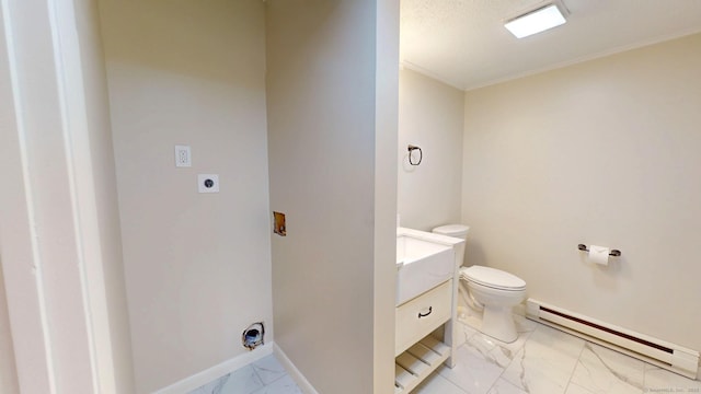 10 Cianci Ave Apt 9, Plainville, CT 06062 - bathroom featuring baseboard heating, marble finish flooring, vanity, and crown molding