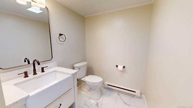 10 Cianci Ave Apt 9, Plainville, CT 06062 - half bath with a baseboard heating unit, vanity, marble look tiles, and ornamental molding
