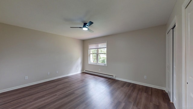 10 Cianci Ave Apt 9, Plainville, CT 06062 - unfurnished bedroom with a baseboard radiator, dark wood-type flooring, and ceiling fan
