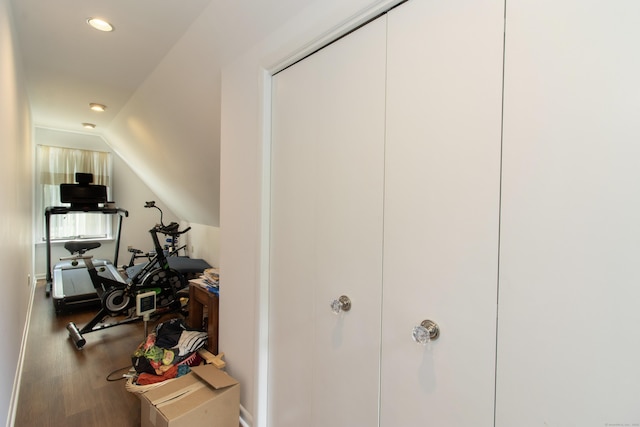 22 Ledgewood Rd, Redding, CT 06896 - workout area featuring vaulted ceiling, wood finished floors, and recessed lighting
