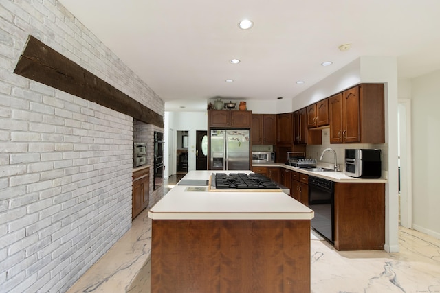 22 Ledgewood Rd, Redding, CT 06896 - kitchen featuring black appliances, light marble finish floors, recessed lighting, light countertops, and a center island
