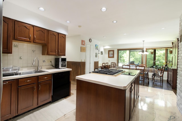 22 Ledgewood Rd, Redding, CT 06896 - kitchen with black dishwasher, stainless steel gas stovetop, light countertops, light marble finish floors, and decorative backsplash