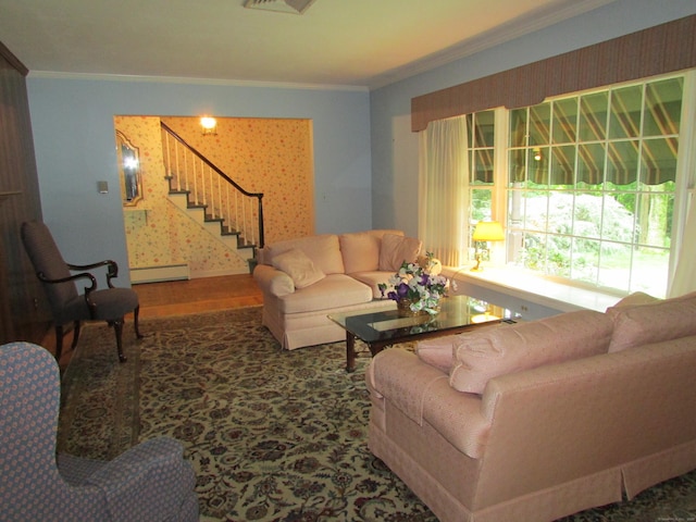 living room featuring baseboard heating, crown molding, stairway, and wood finished floors