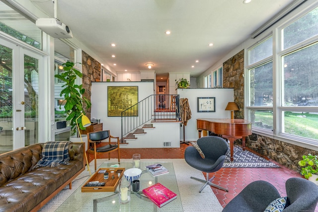 96 Sherman Rd, New Milford, CT 06776 - living room with healthy amount of natural light, french doors, stairway, and recessed lighting