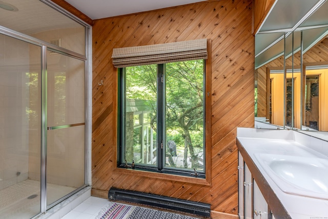 96 Sherman Rd, New Milford, CT 06776 - bathroom featuring wooden walls, vanity, a shower stall, and tile patterned flooring