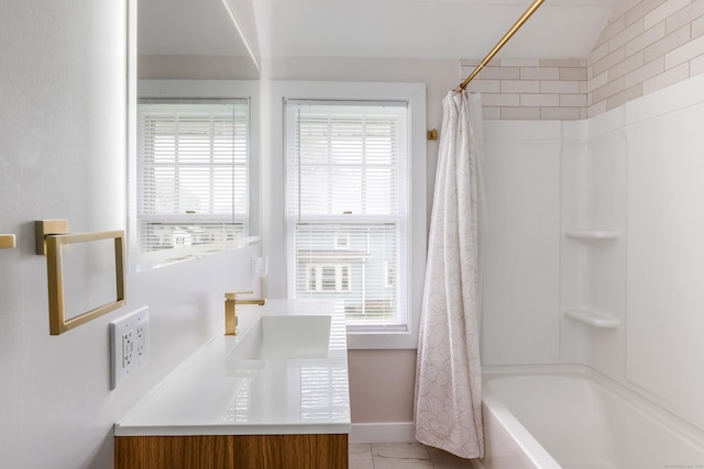 36 School St, Killingly, CT 06239 - bathroom with vanity, shower / tub combo with curtain, and tile patterned flooring