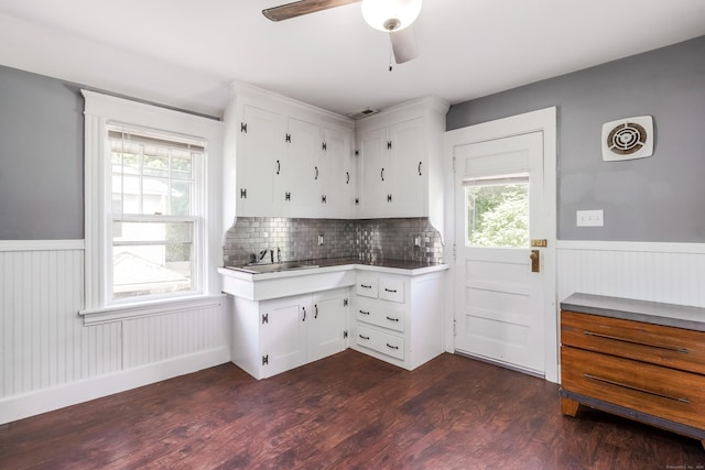 36 School St, Killingly, CT 06239 - kitchen featuring dark wood-style floors, wainscoting, a ceiling fan, white cabinetry, and tasteful backsplash