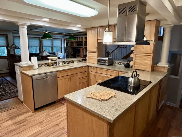 38 Tanglewood Rd, Farmington, CT 06032 - kitchen with stainless steel dishwasher, ornate columns, a peninsula, and black electric stovetop