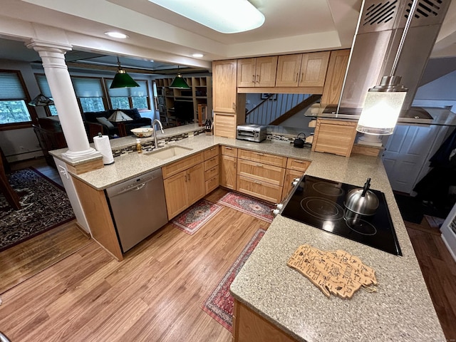 38 Tanglewood Rd, Farmington, CT 06032 - kitchen featuring stainless steel dishwasher, ornate columns, cooktop, a peninsula, and light wood-type flooring