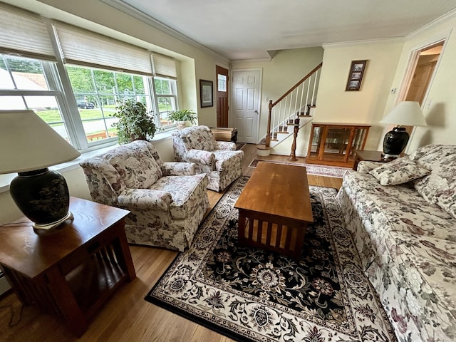 38 Tanglewood Rd, Farmington, CT 06032 - living room featuring crown molding, wood finished floors, and stairway
