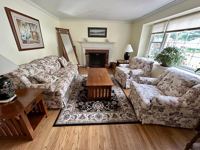 38 Tanglewood Rd, Farmington, CT 06032 - living area with wood finished floors, ornamental molding, and a brick fireplace