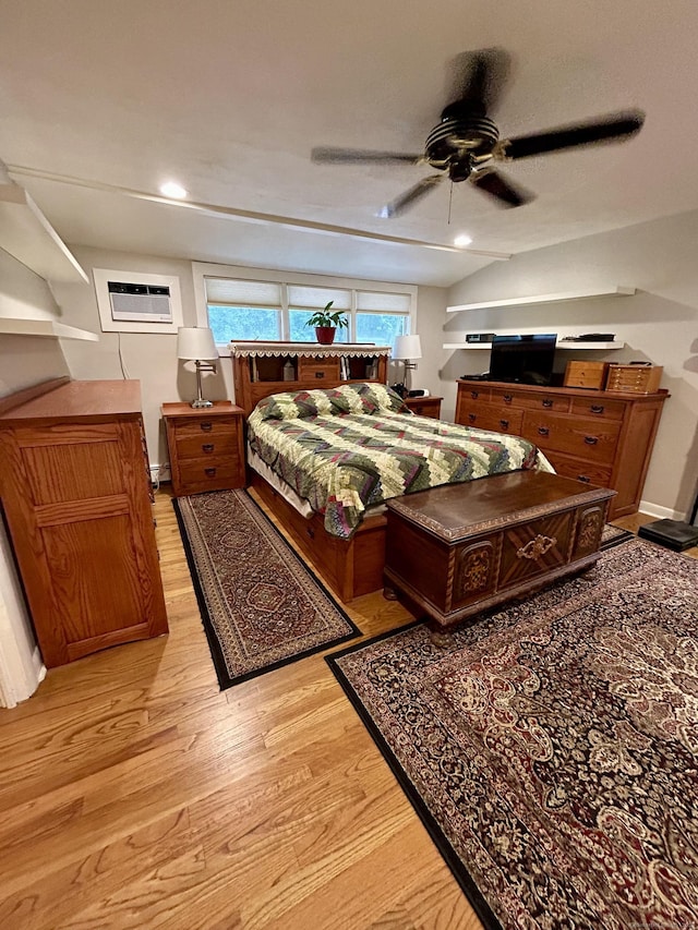 38 Tanglewood Rd, Farmington, CT 06032 - bedroom with light wood-style floors, a wall mounted AC, a ceiling fan, and recessed lighting