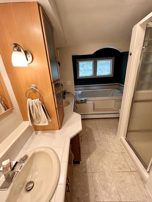 38 Tanglewood Rd, Farmington, CT 06032 - full bathroom featuring double vanity, baseboard heating, a garden tub, a shower stall, and tile patterned floors