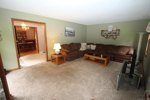 46 Ryan Rd, Tolland, CT 06084 - carpeted living room featuring a chandelier and tile patterned floors