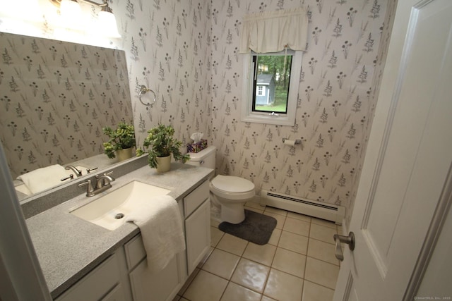 46 Ryan Rd, Tolland, CT 06084 - bathroom featuring a baseboard radiator, vanity, tile patterned floors, and wallpapered walls