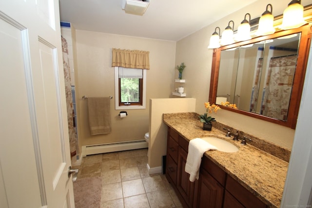 46 Ryan Rd, Tolland, CT 06084 - bathroom featuring a baseboard radiator, vanity, tile patterned flooring, and a shower with shower curtain