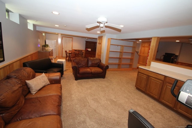 46 Ryan Rd, Tolland, CT 06084 - living area featuring a wainscoted wall, light carpet, recessed lighting, a ceiling fan, and wood walls