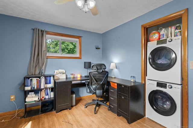 24 Claudia Ave, Brooklyn, CT 06234 - office featuring stacked washer and clothes dryer, a ceiling fan, and light wood-style flooring