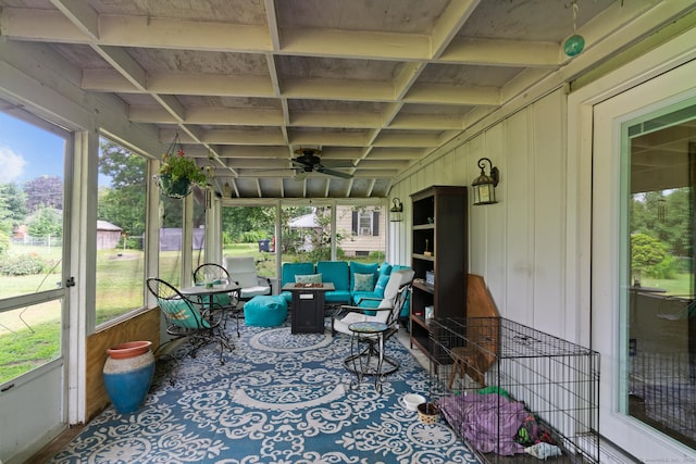 24 Claudia Ave, Brooklyn, CT 06234 - sunroom with outdoor lounge area, a ceiling fan, and coffered ceiling
