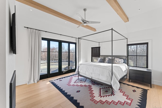 22 Serene Way, Newtown, CT 06470 - bedroom featuring beamed ceiling, wood finished floors, access to exterior, recessed lighting, and a ceiling fan