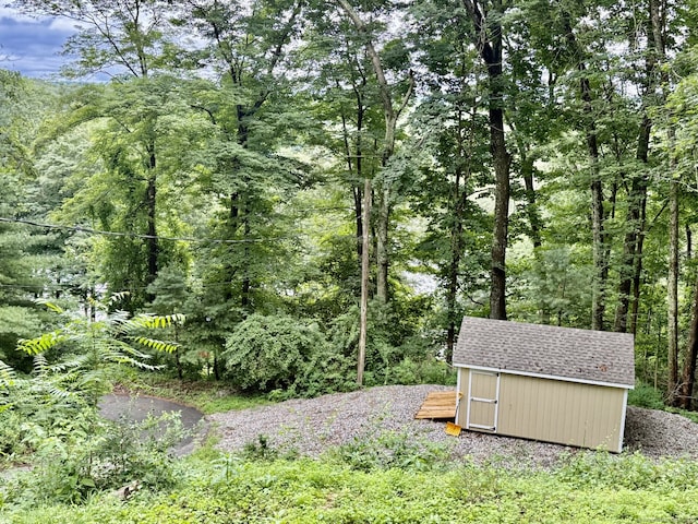 21 Pigeon Swamp Rd, Lebanon, CT 06249 - view of yard featuring a storage shed and a wooded view