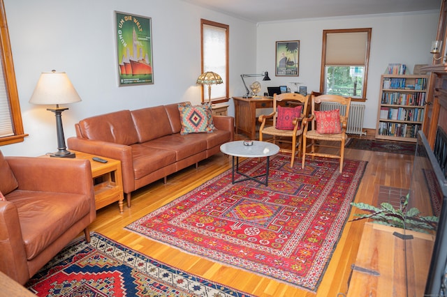 65 Willard St, Hamden, CT 06518 - living area with wood finished floors, radiator, and crown molding
