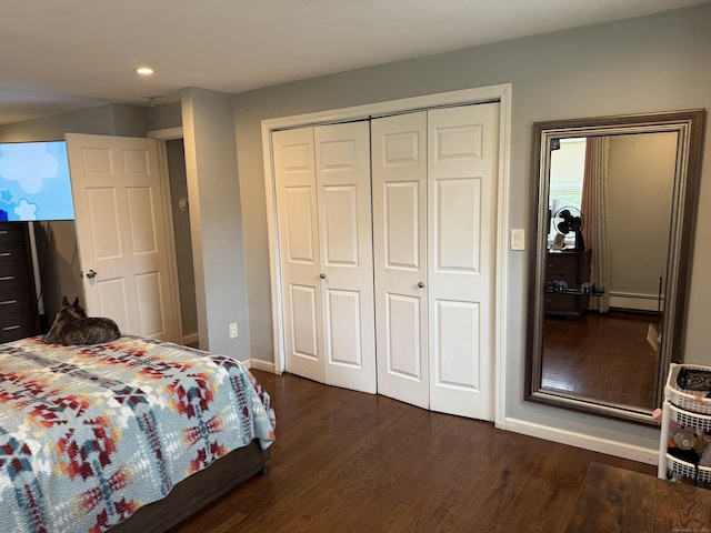 15 Edwards St, Bridgeport, CT 06606 - bedroom featuring dark wood finished floors, a closet, recessed lighting, and a baseboard radiator