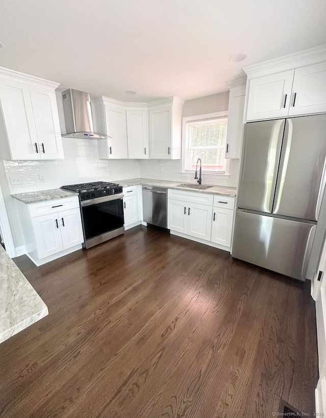63 Barraclough Ave, Hamden, CT 06517 - kitchen with stainless steel appliances, wall chimney exhaust hood, white cabinets, and backsplash
