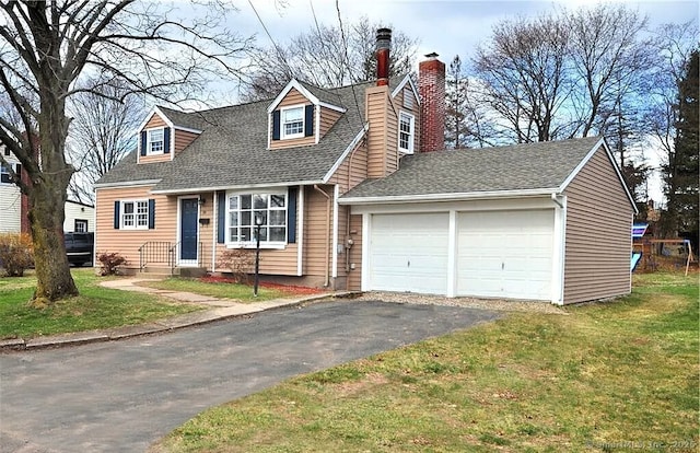 40 Mark St, Bristol, CT 06010 - cape cod house with a garage, asphalt driveway, a front lawn, and a chimney